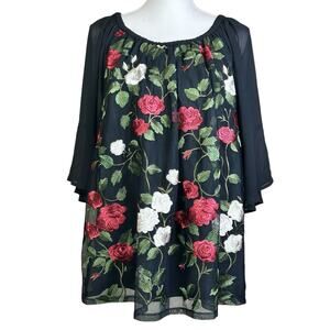 Roz & Ali Top Women Size 2X Black Red White Green Floral Sheer Bohemian Blouse